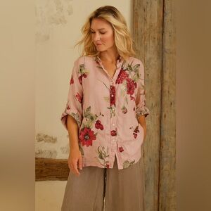 Mein Design Lagenlook Pink Floral Button-Up Linen Blouse Scandi Chic